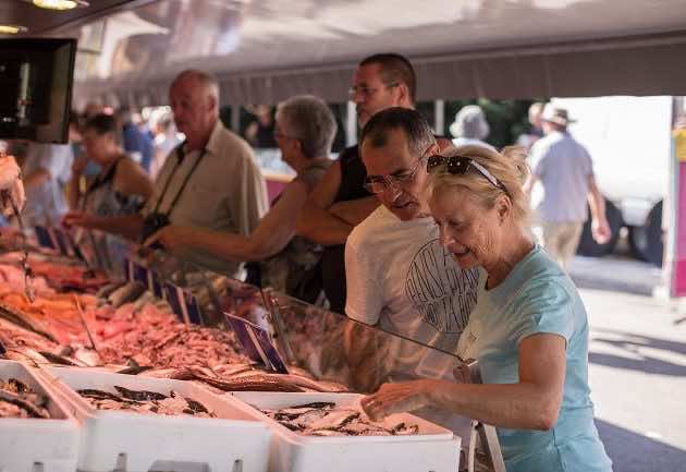 Découverte de produits de la mer, sur le marché local de la ville d'Arès.