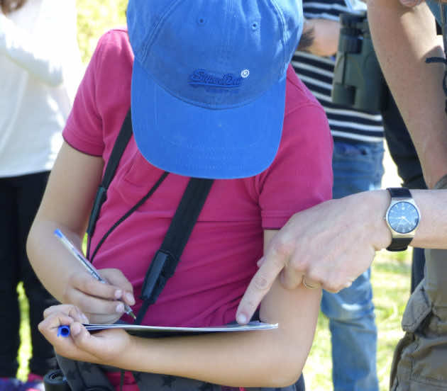 Enfant remplissant son carnet lors de la sortie naturaliste en herbe à Arès